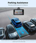 Dual Dash Cam Front And Rear With Free 64GB Card 3 Inch Screen Car Cam For Your Ride 1080P Front 720P Rear 150 Degree Front Lens And 120 Degree Rear Built In ADAS G Sensor 24 Hour Parking Mode showing parking assistance guide on screen.