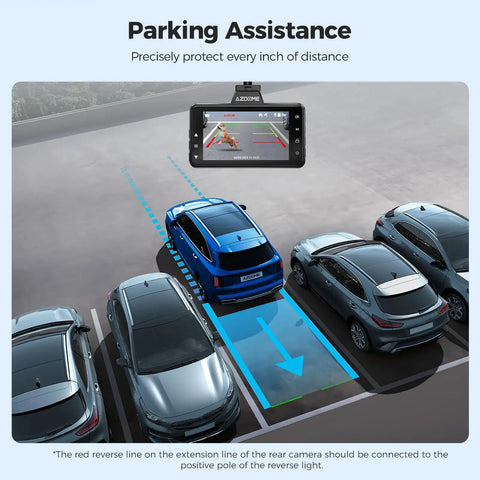 Dual Dash Cam Front And Rear With Free 64GB Card 3 Inch Screen Car Cam For Your Ride 1080P Front 720P Rear 150 Degree Front Lens And 120 Degree Rear Built In ADAS G Sensor 24 Hour Parking Mode showing parking assistance guide on screen.