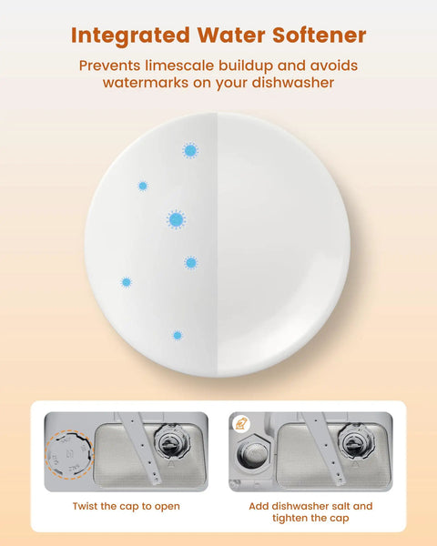 Integrated water softener for Compact Countertop Dishwasher With Built In Water Softener And Smart Eco Mode for spotless dishes.