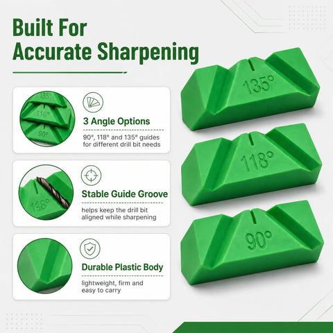 Top Notch 3 Piece Drill Bit Sharpener Guide Jig Kit For Manual Bench Grinder Angle Tool Featuring 90 118 And 135 Degree Settings set showing accurate sharpening angles.