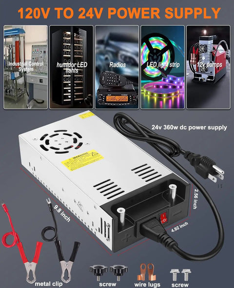 24V 360W DC Power Supply Universal 110V AC to DC 24V 15A Converter with aluminum shell, power cord, clips, and screws