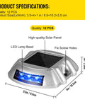 Close-up of silver solar dock light with 6 blue LEDs, showing dimensions and solar panel for pathways and driveways.