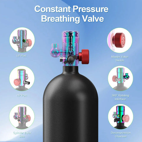 2.3L Mini Scuba Tank With Adapter showing constant pressure breathing valve and multiple ports
