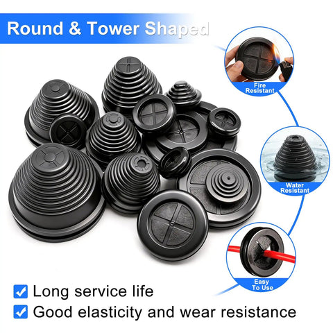 Round and tower shaped grommets from 15 Sizes Rubber Grommet Kit With Knife for auto, truck, electrical panel wire protection