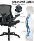 All Day Comfort Ergonomic Office Chair With Swivel Mesh Back PU Leather Seat Boss Level Support Adjustable Lumbar Flip Up Armrests Smooth Casters Tilt Lock Great For Home Office Desk Work And Long Sessions shown with spinal support illustration.