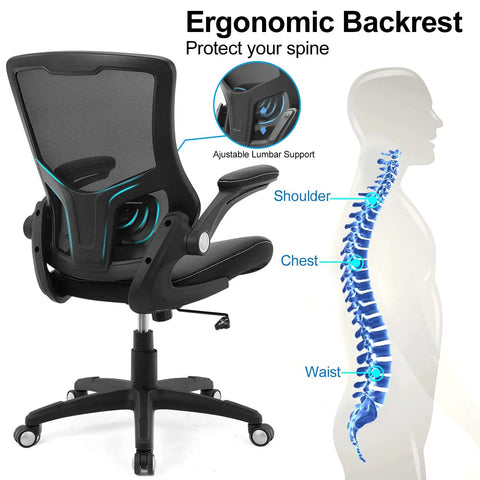 All Day Comfort Ergonomic Office Chair With Swivel Mesh Back PU Leather Seat Boss Level Support Adjustable Lumbar Flip Up Armrests Smooth Casters Tilt Lock Great For Home Office Desk Work And Long Sessions shown with spinal support illustration.