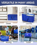 Six Pack Extra Large Moving Bags Heavy Duty With Zippers And Carrying Handles Tough And Durable Storage Bags For Moving Closet Organization And Camping 27 Inch By 14 Inch By 15 Inch Up To 24 Gallon Blue shown in various uses: closet, laundry, moving, travel.