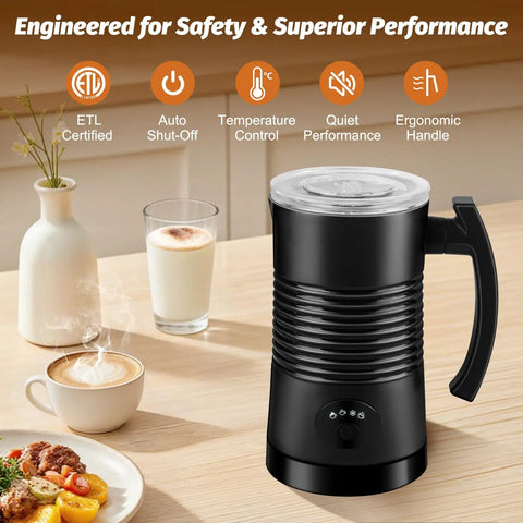 4 In 1 Milk Frother And Steamer For Hot And Cold Foam, 11.8 oz Capacity, Fast Heating on kitchen counter with drinks