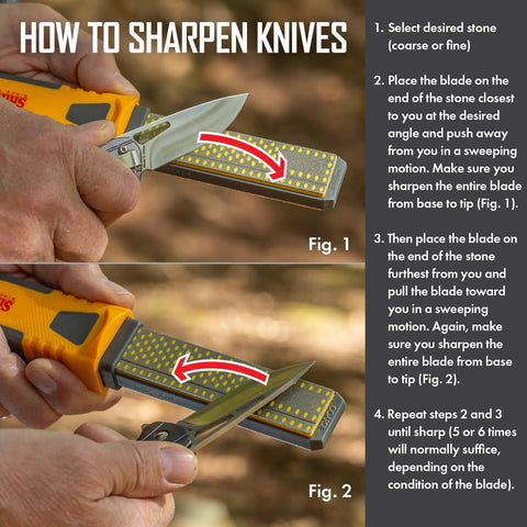 Two Stage Diamond Sharpener With 4 Inch Double Sided Stone For Knives Hooks And Pointed Tools Coarse And Fine Grit Micro Sharpening Pad Ultra Lightweight Compact Handheld Field Sharpener in use.