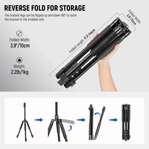 Versatile Aluminum Photography Light Stand folded, showing 3.9 in width, 17.3 in length, reverse fold design for compact storage