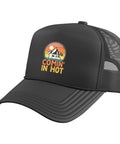 Comin' In Hot Funny Camper Hat for Men and Women with an adjustable mesh back trucker cap in black, ideal for outdoor adventures.