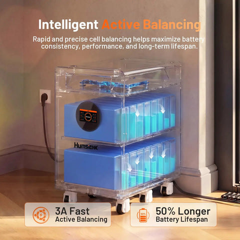 No Sweat 48V 628Ah LiFePO4 Lithium Battery With Active Balancing Bluetooth App Control runs home solar backup steady with visible smart BMS.