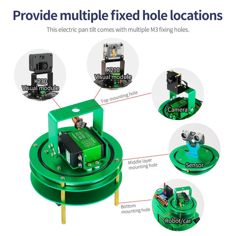 Yahboom 2-DOF metal servo pan-tilt kit on green base with camera and sensor brackets, assembled diagram