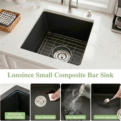 Black Bar Sink 16 By 18 Inch Undermount Granite Composite Wet Bar Sink for Kitchen or Home Bar installed on countertop