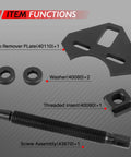 Hub remover tool kit with black plate, threaded insert, screw assembly and two washers for most 5-, 6-, 8-lug hub assemblies.