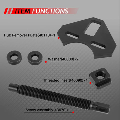 Hub remover tool kit with black plate, threaded insert, screw assembly and two washers for most 5-, 6-, 8-lug hub assemblies.