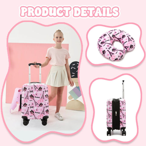 Esteemly Kid's 16-inch pink hardside luggage set with spinner wheels; 2-piece carry-on with neck pillow for girls.