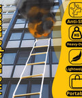 Two Story Fire Escape Rope Ladder in use on building, features anti-slip rungs and heavy-duty hooks, 13 ft flame resistant system