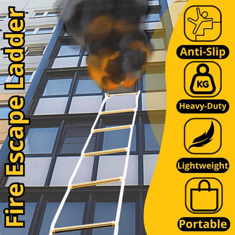 Two Story Fire Escape Rope Ladder in use on building, features anti-slip rungs and heavy-duty hooks, 13 ft flame resistant system