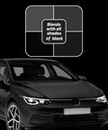 Color Fast Scratch Remover for Black Car Paint 5.3 Oz, Fix Scratches, Mask Oxidation, and Bring Back Showroom Shine in One Easy No Fuss Ready To Go Application, showing product use on a black car with color matching swatch.