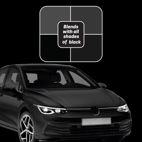 Color Fast Scratch Remover for Black Car Paint 5.3 Oz, Fix Scratches, Mask Oxidation, and Bring Back Showroom Shine in One Easy No Fuss Ready To Go Application, showing product use on a black car with color matching swatch.