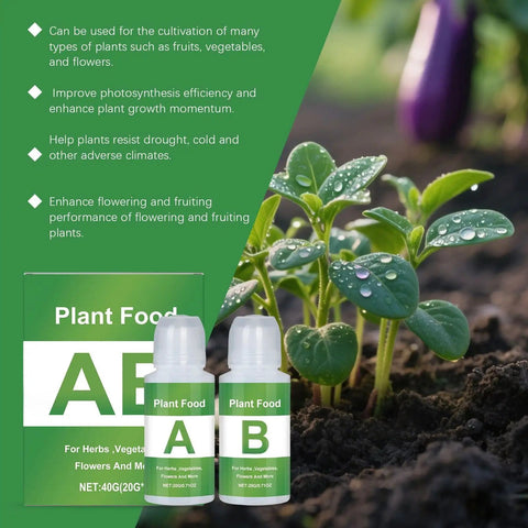 Pro Grade Hydroponic Nutrients A And B For Indoor Plants Fertilizer bottles next to growing plants with leaves and packaging