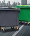 All Season Heavy Duty Outdoor Trash Roll Cart With Spacious Commercial Waste Bin And Smooth Caster Wheels in gray and green.