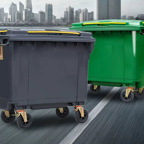 All Season Heavy Duty Outdoor Trash Roll Cart With Spacious Commercial Waste Bin And Smooth Caster Wheels in gray and green.