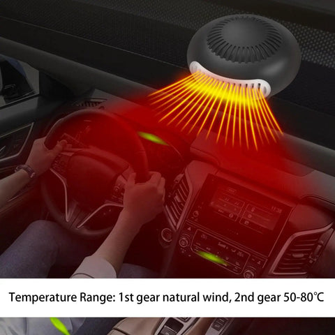 Cordless Battery Powered Space Heater 170 Watt Portable Desk Warmer in a car, providing warm air for comfort.