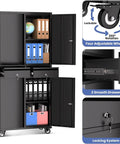 Beefy Heavy Duty Metal Garage Storage Cabinet On Wheels With Locking Doors, Two Drawers, And Three Adjustable Shelves showing open storage and locking mechanisms.