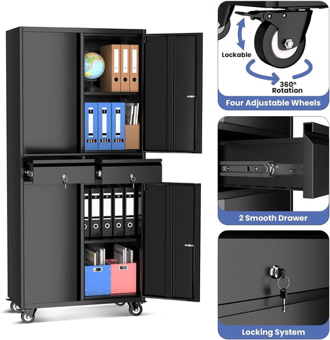 Beefy Heavy Duty Metal Garage Storage Cabinet On Wheels With Locking Doors, Two Drawers, And Three Adjustable Shelves showing open storage and locking mechanisms.