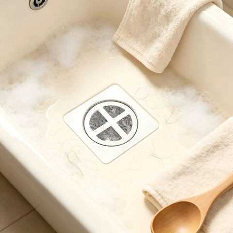 Hair Drain Stickers Disposable Hair Catcher for Shower Drain in a bubbly bath with hair strands visible.