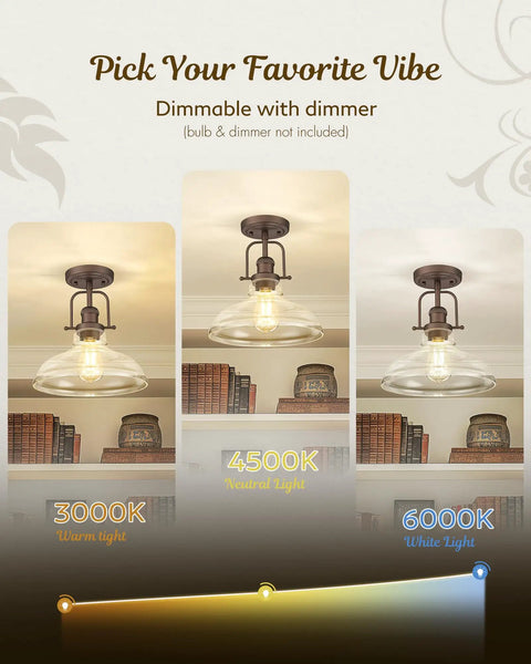 Farmhouse Semi Flush Ceiling Light With Slick Oil Rubbed Bronze Finish And Clear Glass Shade For Kitchen And Bedroom Vintage Rustic Industrial Style 11 Inch Flush Mount Fixture showcasing dimmable lighting options.