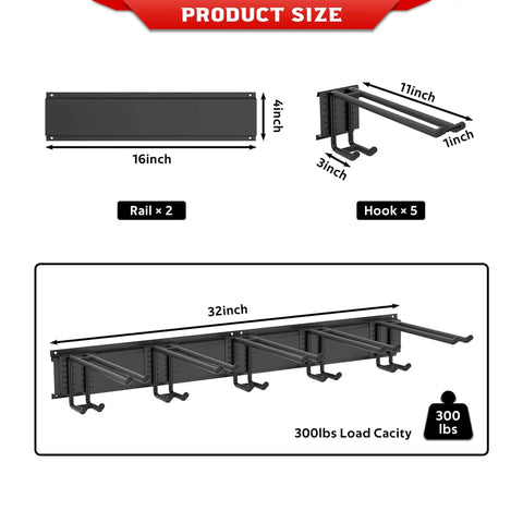 Wall Mounted Ski Rack With 32 Inch Rails For 10 Pairs Five Adjustable 11 Inch Hooks Custom Spacing For Different Skis Holds Up To 300 Lbs Fits Most Skis And Snowboards Perfect Garage And Shed Storage size diagram