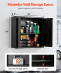 Sturdy Steel Wall Cabinet for Garage and Home Storage, 30W x 12.2D x 30H Inches, Locking Doors, Adjustable Shelves, Holds Up To 120 Lbs Per Shelf, Space Saving Floating Cabinet for Tools and Supplies, Wall Mounted, Black, open view