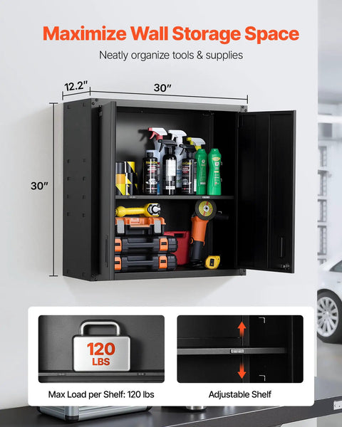 Sturdy Steel Wall Cabinet for Garage and Home Storage, 30W x 12.2D x 30H Inches, Locking Doors, Adjustable Shelves, Holds Up To 120 Lbs Per Shelf, Space Saving Floating Cabinet for Tools and Supplies, Wall Mounted, Black, open view
