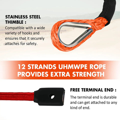3/8 Inch Synthetic Winch Rope 100 Ft Dyneema Heavy Duty Cable With Protective Sleeve And Forged Hook 23809 Lbs Breaking Strength