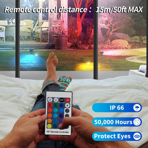 Person using remote for RGBW LED Color Changing Landscape Lights With Remote, 15W Outdoor Waterproof Spotlights on patio