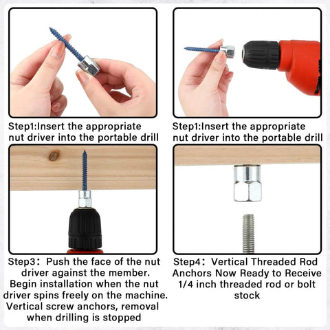 Installation of 50 Pack Vertical Threaded Rod Anchors Set, One Quarter Inch Screws, Three Eighth Inch Rod Joint on wood.