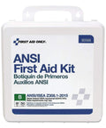 ANSI First Aid Kit case, front view, white plastic with handle; First Aid Only 90566, 199-piece, 50-person kit.