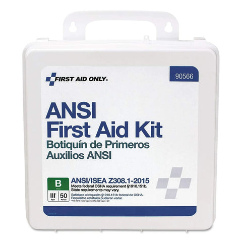 ANSI First Aid Kit case, front view, white plastic with handle; First Aid Only 90566, 199-piece, 50-person kit.
