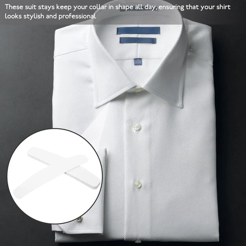 Ten Pack Plastic Collar Stays With White Tips For Mens Dress Shirts And Suits Durable Collar Supports shown on a crisp white shirt.