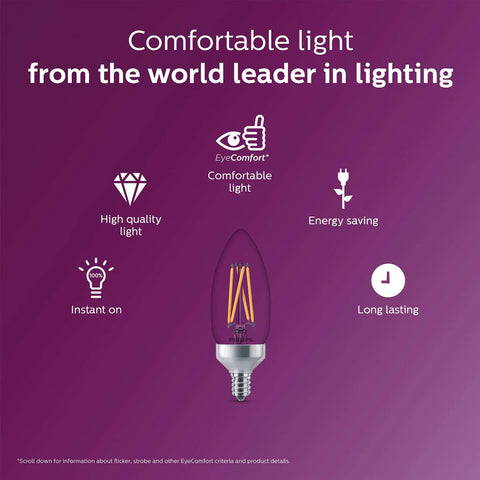 Image of Flicker Free Dimmable B11 LED Bulb With EyeComfort Technology, highlighting features like EyeComfort, energy saving, long lasting.