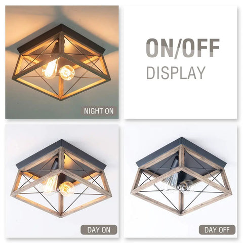 Retro Industrial Farmhouse Rectangle Flush Mount Ceiling Light Fixture With Wood Shade Two Light For Hallways Entryways Dining Rooms Bedrooms And Living Rooms In Any Home