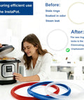 Woman using Instant Pot with three-pack 6 Qt silicone sealing rings, red blue clear, shows before-after benefits of float valve caps.
