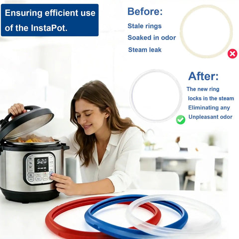 Woman using Instant Pot with three-pack 6 Qt silicone sealing rings, red blue clear, shows before-after benefits of float valve caps.