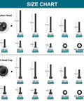 Size chart of 1590 Piece M3 Screw Kit For 3D Printing With Button Head And Hex Socket Heads Nuts And Washers 12.9 Grade Alloy Steel M3 Fasteners Assortment For Hobbyists And Pros Includes Various Lengths For DIY Builds.