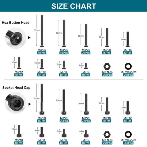 Size chart of 1590 Piece M3 Screw Kit For 3D Printing With Button Head And Hex Socket Heads Nuts And Washers 12.9 Grade Alloy Steel M3 Fasteners Assortment For Hobbyists And Pros Includes Various Lengths For DIY Builds.