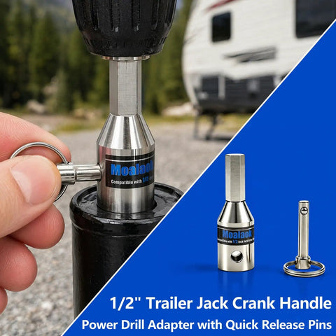 Heavy Duty Stainless Steel Trailer Jack Drill Adapter For Half Inch Jack Drive Shaft Slick Power Drill Bit Attachment close-up view, with keyring.