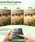 Remote control showing dimming feature on 200Ft LED Outdoor String Lights With Remote Dimming Timer And 3 Lighting Modes 64 Shatterproof Edison Bulbs Waterproof Connectable Patio Lights For Backyard Porch Or Outdoor Parties For Chill Vibes